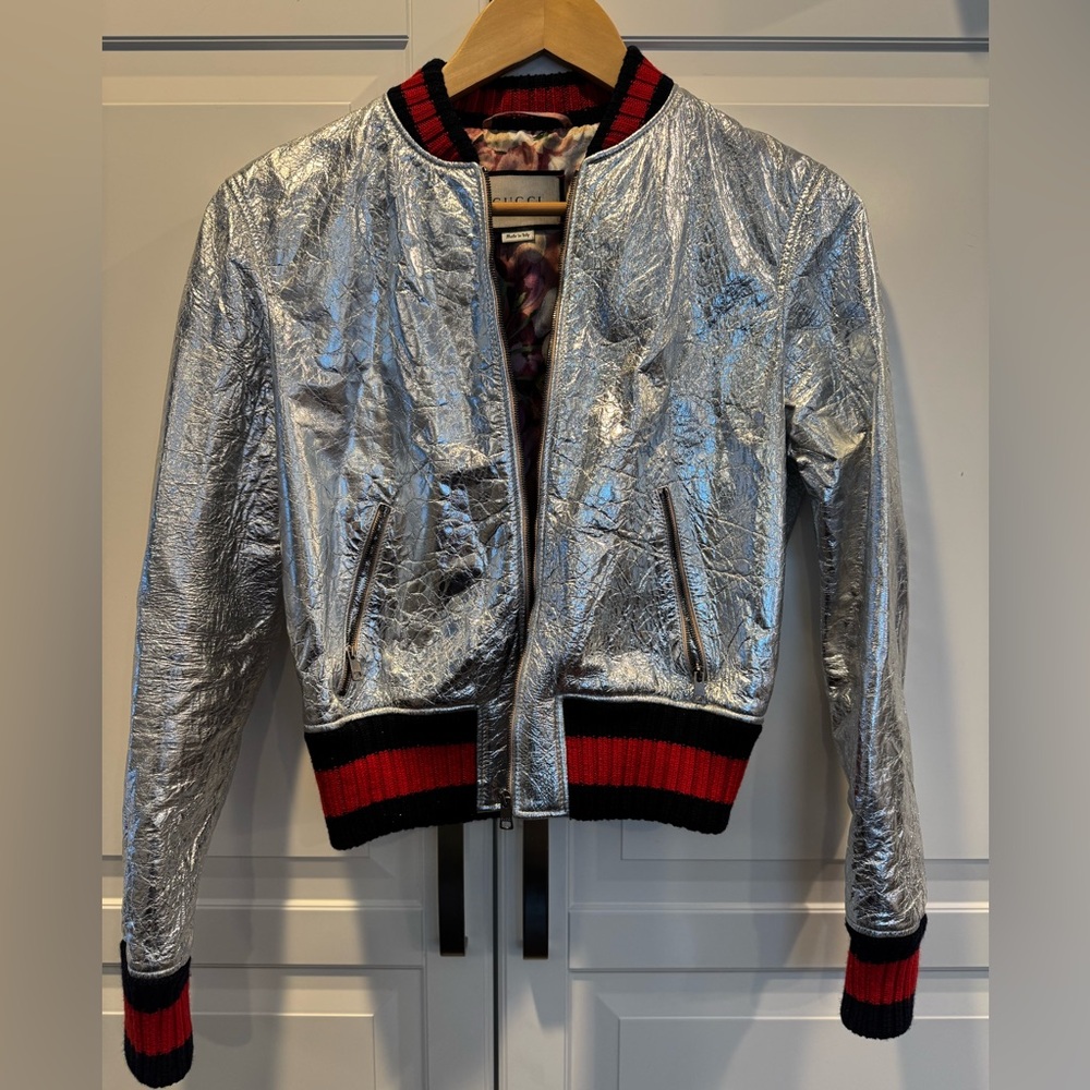 Gucci Silver Metallic Bomber Jacket size 42